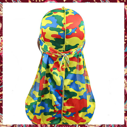 Silk durag flaunting a spectrum of colors in a camouflage pattern.