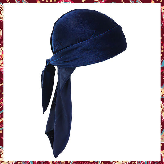 Stylish Navy Blue Velvet Durag exhibiting its intense color and soft texture.