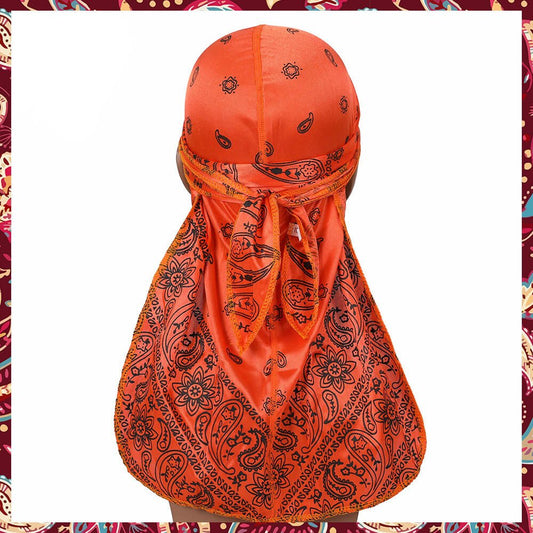 Silk durag with a vibrant orange bandana-inspired design.