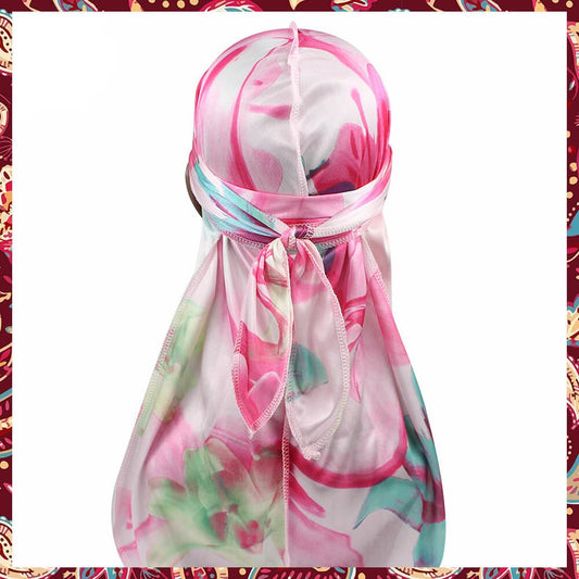 Silk durag blossoming with elegant pink floral designs.