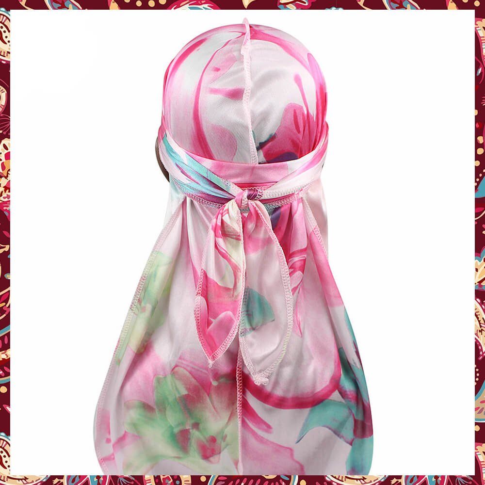 Silk durag blossoming with elegant pink floral designs.