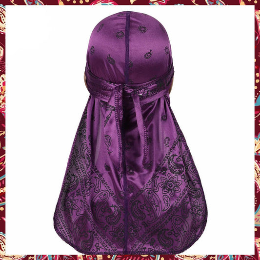 Purple durag, intricately designed with silk bandana aesthetics.