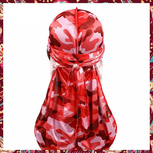 Vivid red camouflage design on premium silky durag.
