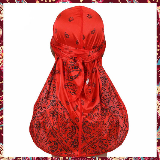 Red silk durag with a bandana pattern.