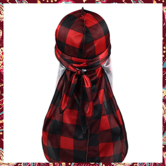 Red and black tartan design on a smooth silk durag.