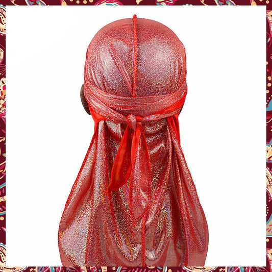 Silk durag in a radiant red with twinkling sparkles.