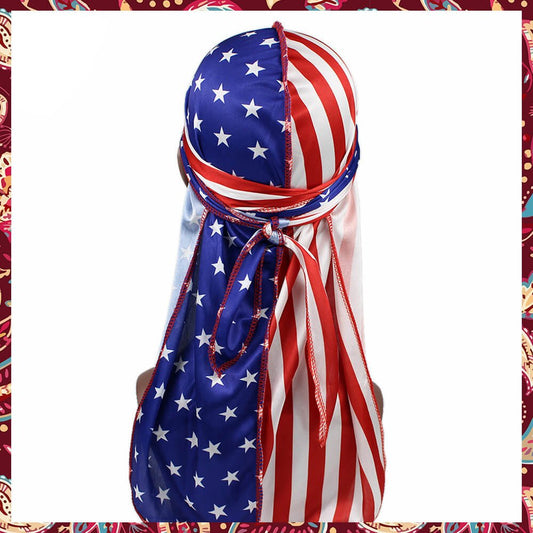 Patriotic silk durag featuring USA Flag design.