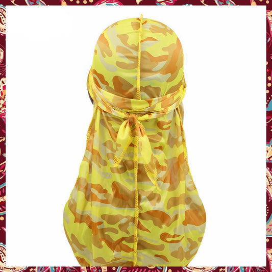 Bright yellow camouflage print on luxurious silky durag.